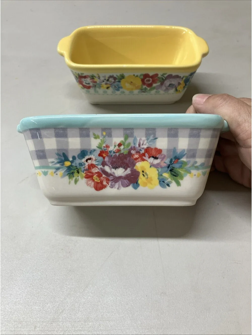 The Pioneer Woman Mini Loaf Pans Ceramic Set of 2 Floral Yellow Teal Stoneware